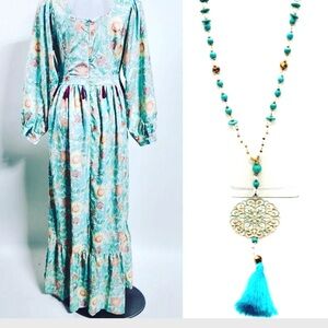 Romantic Boho Floral Tassels Lantern Long Sleeved Maxi Hippie Chic Dress+Gift
